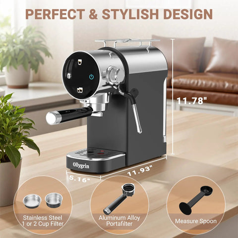 Level Up Your Daily Grind With This 20 Bar Semi Automatic Espresso Machine showing sleek design with touch panel and steam wand.