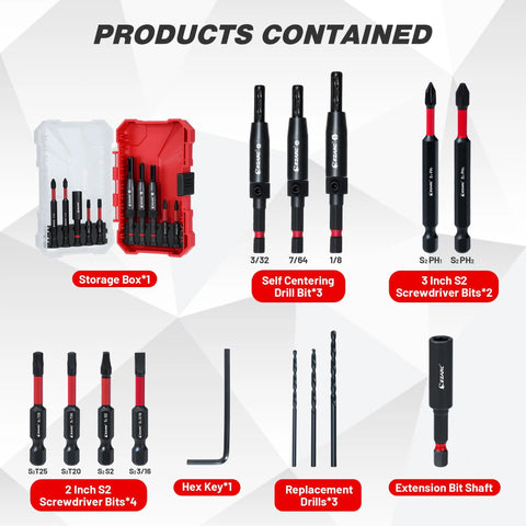EZARC 14-piece self-centering drill bit set with storage box; includes center bits, S2 screwdriver bits, replacement drills, hex key.