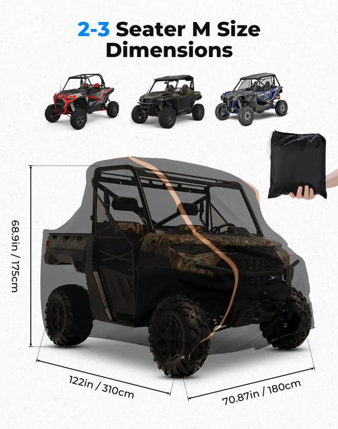 Heavy Duty UTV Cover For 2 To 3 Seaters, Medium Size With Reflective Strip, fits dimensions 122x71x68 inches, shown with UTV models