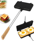 Oukens Non Stick Cast Iron Double Pie Iron Portable Campfire Press With Removable Handles For Grill Stove Mountain Cooking Adventure Gear with eggs in a sandwich.
