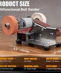 Top Shelf Mini Belt Sander Electric Bench Grinder With Dead On 15 Degree Knife Sharpener and Boss Level Variable Speed Buffer for Metal Wood DIY Craftwork, showing dimensions and features.