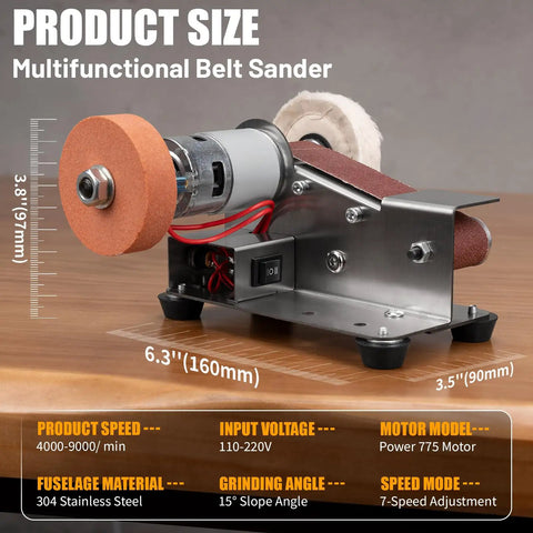 Top Shelf Mini Belt Sander Electric Bench Grinder With Dead On 15 Degree Knife Sharpener and Boss Level Variable Speed Buffer for Metal Wood DIY Craftwork, showing dimensions and features.