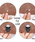 How to use Kickass Punk Skull Screw Back Brass Rivets, featuring four steps with leather and skull rivets.