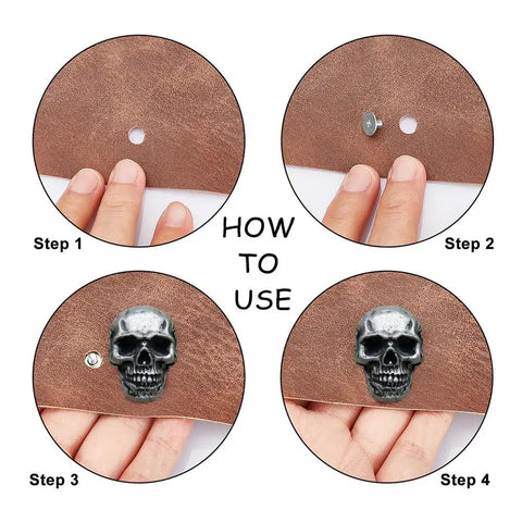 How to use Kickass Punk Skull Screw Back Brass Rivets, featuring four steps with leather and skull rivets.