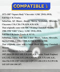 Compatibility chart for Adjustable LS Conversion Engine Mounts For Chevy GMC Square Body OBS Trucks, detailing various models and engine types.