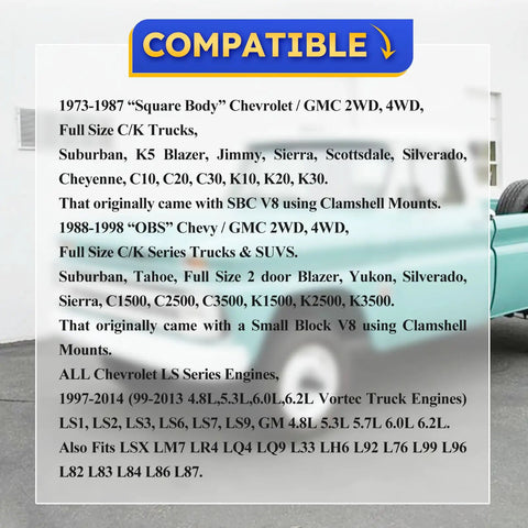 Compatibility chart for Adjustable LS Conversion Engine Mounts For Chevy GMC Square Body OBS Trucks, detailing various models and engine types.