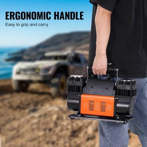 Person holding Beefed Up Dual Cylinder Tire Inflator With Heavy Duty Air Compressor 150 PSI 10.6 CFM 30 Second Fast Inflation