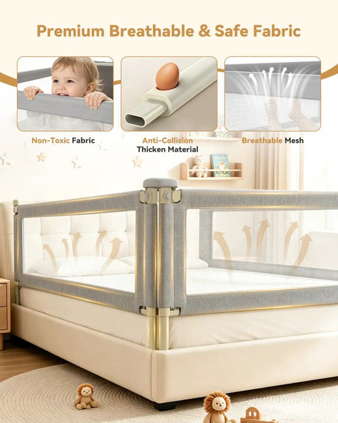 3 Piece California King Bed Rail Guard for Toddlers and Babies Height Adjustable Bed Safety Rails with Headboard Rod in Gray
