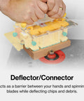Top Shelf Grr Ripper Max Table Saw Push Pad Triple Force Grip Smashes Kickback And Guards Your Knuckles Full Tool Set With SafeRip Kit For Snappy Cuts On Thin Stock Usa Built Bright Yellow, deflector connector mounted on router table.