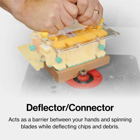 Top Shelf Grr Ripper Max Table Saw Push Pad Triple Force Grip Smashes Kickback And Guards Your Knuckles Full Tool Set With SafeRip Kit For Snappy Cuts On Thin Stock Usa Built Bright Yellow, deflector connector mounted on router table.