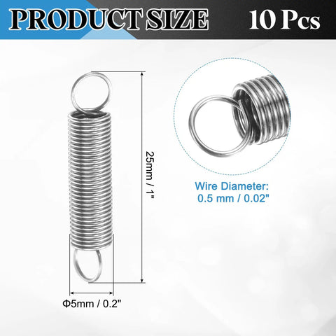 Premium Grade 304 Stainless Steel Extension Springs 10 Pack Featuring Dual End Hooks And Slim .02 Inch Wire Diameter dimensions.