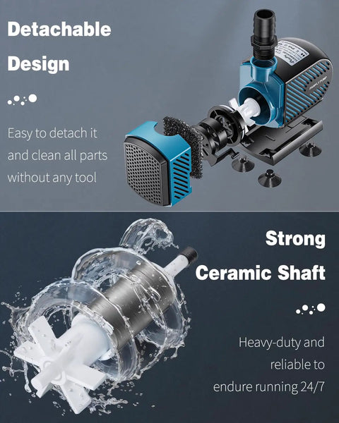 Dope 800 GPH Submersible Aquarium Pump with 45W motor, showing detachable design and strong ceramic shaft, for fish tanks and ponds