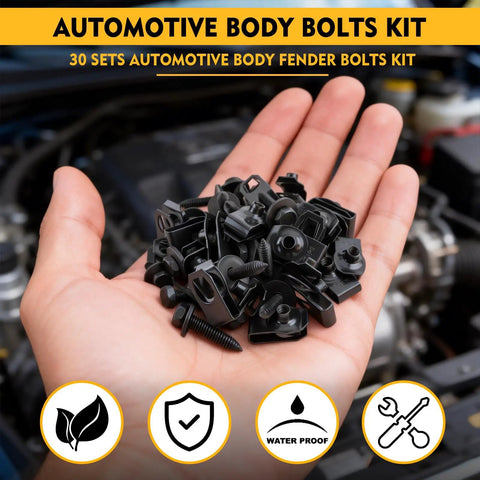 Knockout Quality 60 Piece 1/4 Inch U Nut Clips And Hex Head Auto Body Bolt Kit With Rust Proof Black Phosphate Protective Finish For Seamless Fender Installation in hand.