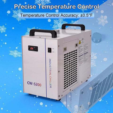 Heavy Duty Industrial Water Chiller With Six Liter Cooling Tank And Zero Point Nine Horsepower Pump To Keep CO2 Laser Engravers Locked In And Cutting Clean On The Shop Floor, displaying precise temperature control.