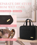 Black waterproof hanging toiletry bag with quilted design, showing leakproof PVC pocket and water-resistant exterior.