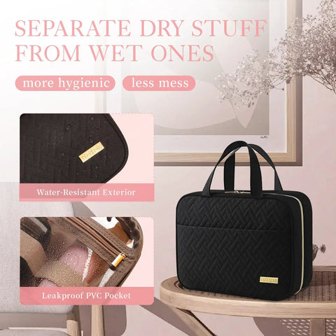 Black waterproof hanging toiletry bag with quilted design, showing leakproof PVC pocket and water-resistant exterior.
