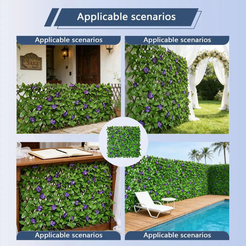 Expandable Privacy Screen With Artificial Purple Flowers For Balcony And Patio Fence Outdoor Greenery Privacy Barrier shown in various settings