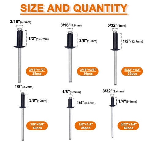 Six sizes of rivets from the 225 Piece Black Aluminum Blind Rivets Assortment Kit With Workhorse Hand Riveter shown with dimensions