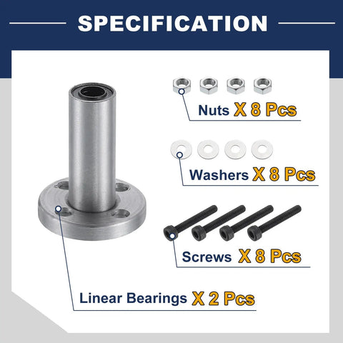 LMF6LUU Linear Ball Bearing 6 mm Bore 12 mm OD 35 mm Length 48 mm Round Flange Double Seal with nuts, washers, and screws.