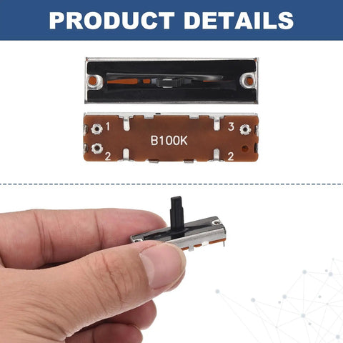 Five Pack Straight Linear Slide Potentiometers 3 Pin B100K 35mm Length 20mm Travel shown from front and side view