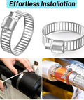50 Piece Stainless Steel Hose Clamp Kit With Adjustable Worm Gear Clamps in use on hoses and pipes with organizer case