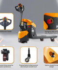 Apollo Lift Electric Pallet Jack with multifunction handle, emergency stop switch, and compact design for tight spaces.