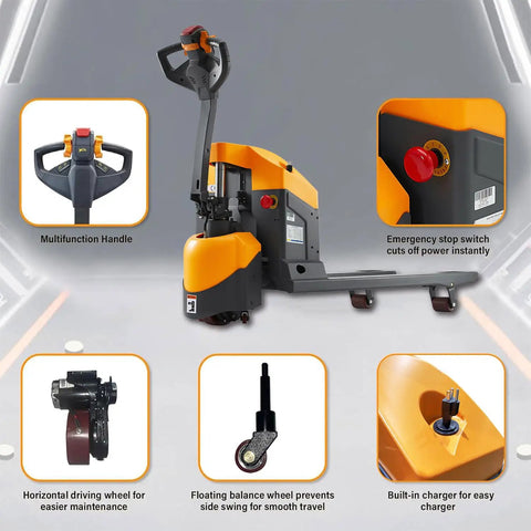 Apollo Lift Electric Pallet Jack with multifunction handle, emergency stop switch, and compact design for tight spaces.