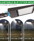 Ultra Bright 480V 300W LED Parking Lot Light For Outdoor Commercial Areas With 42000 Lumens IP65 Waterproof Shoebox Fixture 140 Lumens Per Watt 5000K Daylight Color Temperature And Slip Fitter Mount For Easy Mounting with adjustable angles.