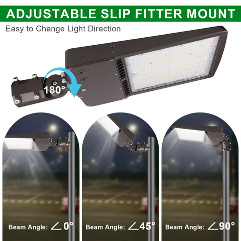 Ultra Bright 480V 300W LED Parking Lot Light For Outdoor Commercial Areas With 42000 Lumens IP65 Waterproof Shoebox Fixture 140 Lumens Per Watt 5000K Daylight Color Temperature And Slip Fitter Mount For Easy Mounting with adjustable angles.