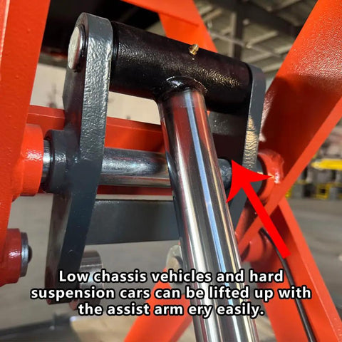 Close-up of the assist arm on Heavy Duty Eight Thousand Pound Scissor Lift With Lockable Drive Ramps, designed for low chassis vehicles.