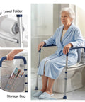 Adjustable Toilet Safety Rails For Seniors Rock Solid Bathroom Grab Bars No Sweat Install Non Slip Handle 350 Lb Rating Built Tough Everyday Premium Aid with a woman using it in a bathroom.
