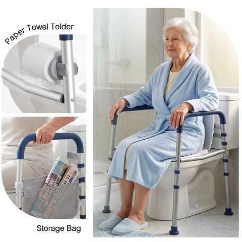 Adjustable Toilet Safety Rails For Seniors Rock Solid Bathroom Grab Bars No Sweat Install Non Slip Handle 350 Lb Rating Built Tough Everyday Premium Aid with a woman using it in a bathroom.