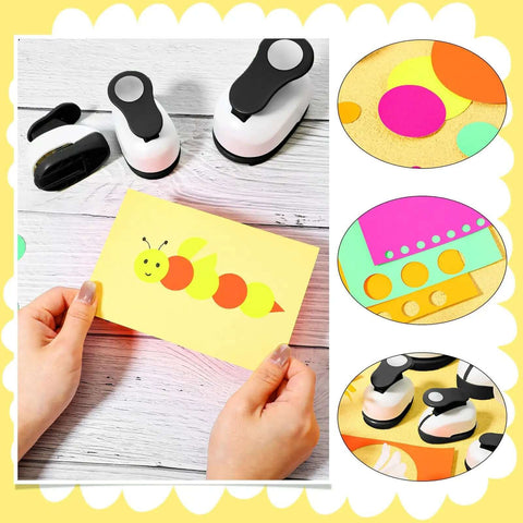 Hands using Six Piece Circle Punch Set With All The Right Sizes 0.3in 0.6in 1in 1.5in 2in 3in And Ten Color Sticker Papers for craft
