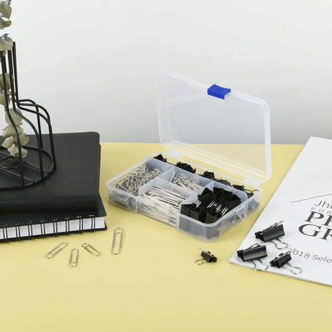 340 Piece Assorted Binder Clips And Jumbo Paper Clips Set Black In A Sturdy Compartment Organizer For Office And School Use