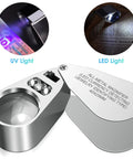 40X Jewelers Loupe Magnifier Pro Grade With LED And UV Illumination, metal folding design, close-up of lens and light features