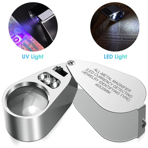 40X Jewelers Loupe Magnifier Pro Grade With LED And UV Illumination, metal folding design, close-up of lens and light features
