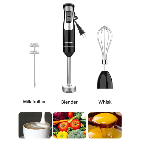 No Fuss Handheld Immersion Blender Built With Heavy Duty Stainless Steel Blades And Quick Release Milk Frother Plus Egg Whisk Tool, with milk frother, whisk, and blending arm.