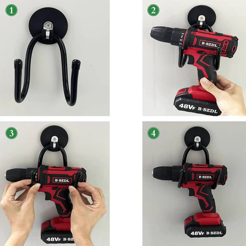 Four Pack Magnetic Garage Hooks Heavy Duty Tool Organizer Rack For Power Tools Garden Tools Hose Pegboard And Workshop Indoor Outdoor Hanging No Drill Required Industrial Strength Magnets Hold Up To Ten Pounds showing step-by-step drill hanging