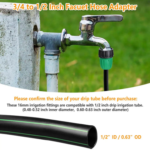 3/4 to 1/2 inch faucet hose adapter connected to outdoor tap for irrigation setup