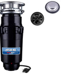 Slim Line Three Quarter HP Garbage Disposal With Anti Jam Grinding System Stainless Steel Black Compact Powerhouse For Quick Clog Free Kitchen Performance image showing side view with mounting components