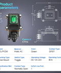 Image showing dimensions and product details of Durable Waterproof Boat Rocker Switch With Green Indicator Light For Boaters And Marine Setups DPST Inline Cord Switch 1 Outlet DC 12V To 24V On Off Button Includes Cable Gland For Easy Installation.