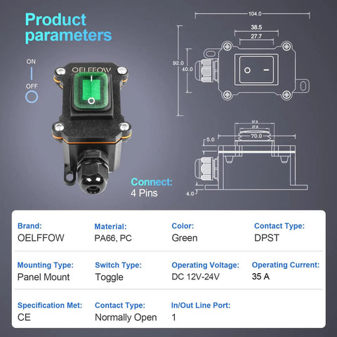 Image showing dimensions and product details of Durable Waterproof Boat Rocker Switch With Green Indicator Light For Boaters And Marine Setups DPST Inline Cord Switch 1 Outlet DC 12V To 24V On Off Button Includes Cable Gland For Easy Installation.