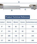 Technical diagram of 120N Heavy Duty Gas Strut Lift Support For Cabinets And Toy Boxes with measurements and specifications for various sizes.