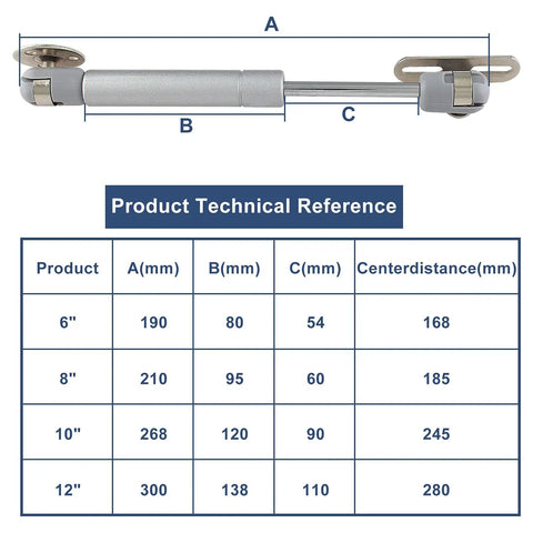 Technical diagram of 120N Heavy Duty Gas Strut Lift Support For Cabinets And Toy Boxes with measurements and specifications for various sizes.