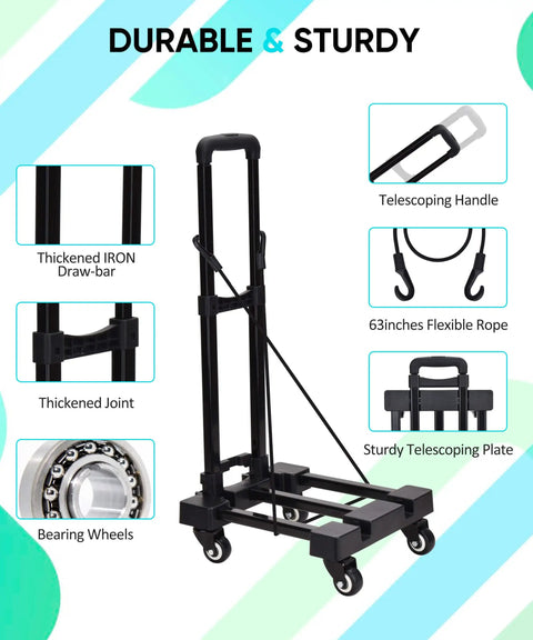 Heavy Duty Folding Hand Truck With Four Smooth Rollin Casters And Bungee Straps, Portable Luggage Cart Holds Two Hundred Pounds, Flips Flat For Tight Trunk Fits And Makes Back Savin Hauls A Total Cinch In Black
