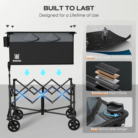 165L Collapsible Folding Wagon With Silent All Terrain Wheels Heavy Duty Utility Cart Loads Up To 330 Lbs For Camping Shopping Outdoor Use Large Capacity Grocery Carrier showing reinforced steel frame and 600D fabric