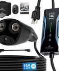 Heavy Duty Level Two Portable Tesla EV Charger With Direct NACS Plug Design featuring 25ft cord and 16A display.