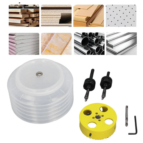 Grab This Awesome 4 Inch Wood Hole Saw Set That Cuts Smooth Through Plasterboard And Plastic Without Mess. Durable Metal Kit Comes With Dust Bowl Shaft For Pro Level Handiwork And DIY Projects Anytime You Need a Clean Cut. 4 inch hole saw kit with dust bowl, arbor and wrench
