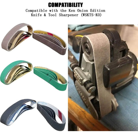 24 Piece Knife Sharpener Sanding Belt Kit Three Quarter Inch By Twelve Inch Replacement Belts With 80 120 240 400 1000 And 1200 Grits For Sharpener Ken Onion Edition showing variety of belts and tool compatibility