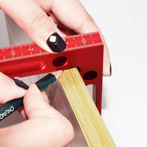 Aluminum Alloy 90 Degree Positioning Square Right Angle Clamp For Woodworking, 4.7 By 4.7 Inch Corner Tool in use for marking wood